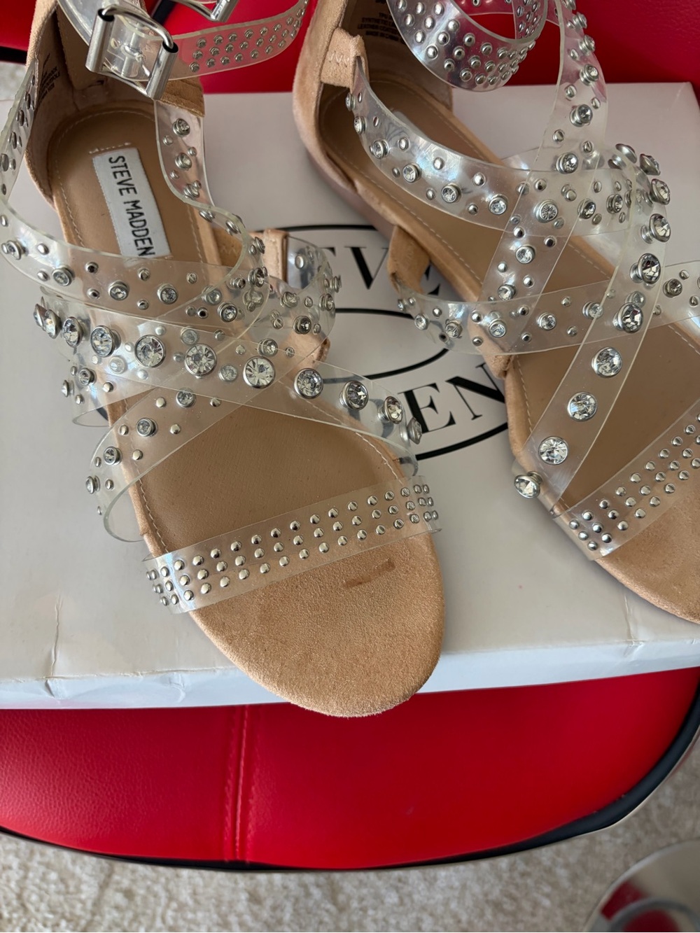 Steve Madden Clear Studded Strappy Gladiator Sandal - Silver Accents - Picture 4 of 10